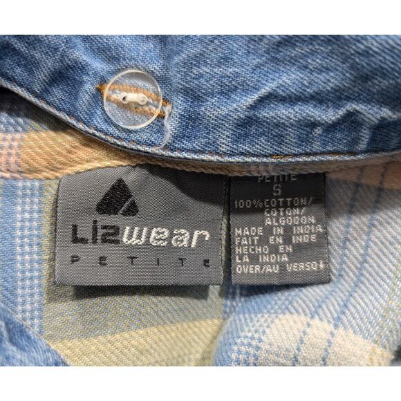 Vintage 90s Blouse Blue Pink Green Flannel Plaid Denim Collar Size Petite Small - Picture 5 of 7